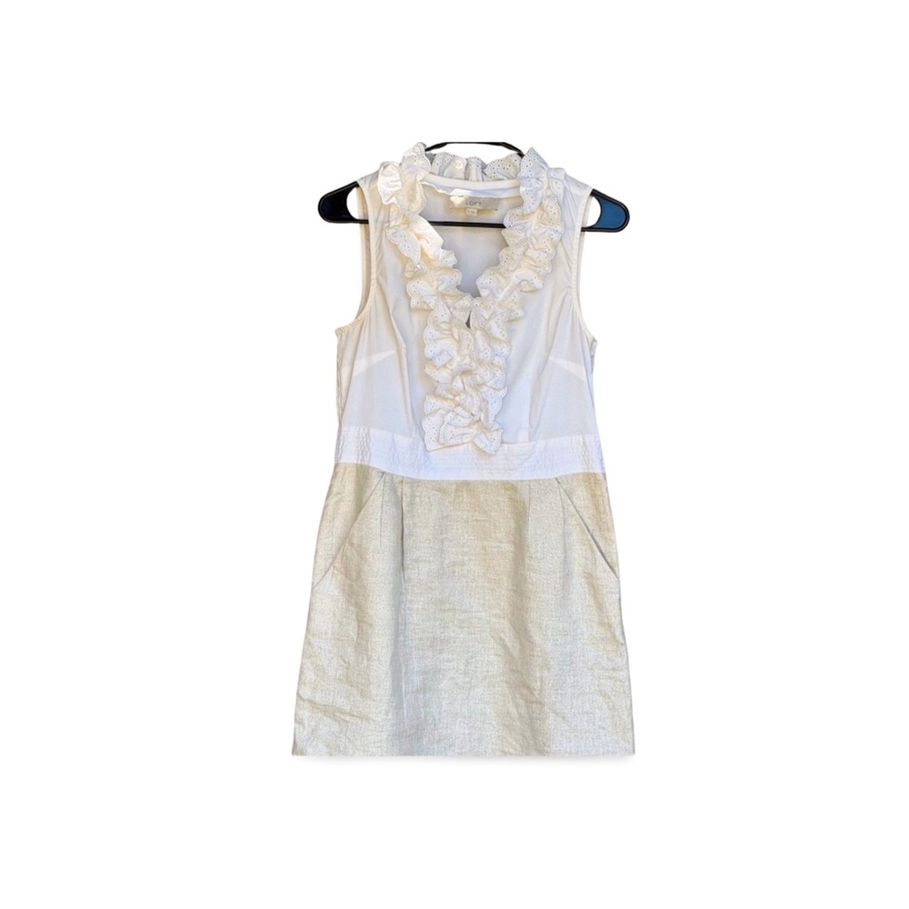 LOFT Cream & Gold Ruffled Neck Mini Dress